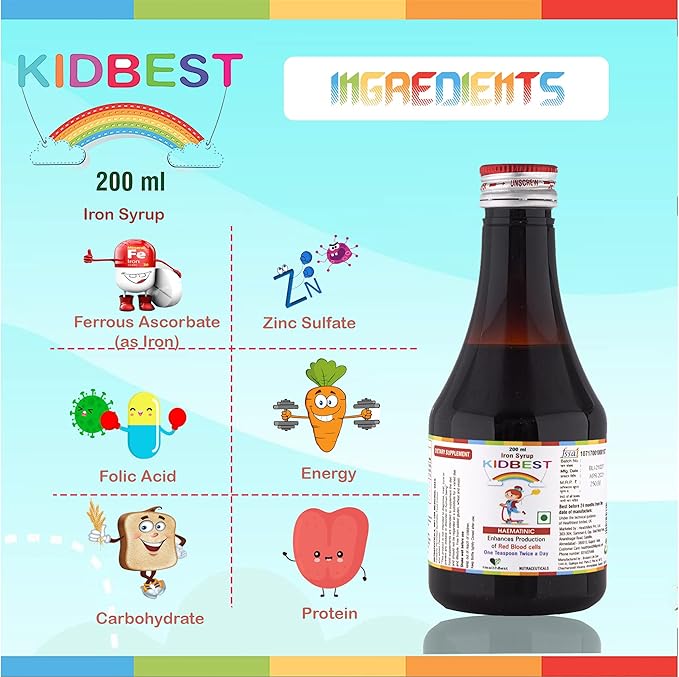 Kidbest Iron (Haematinic) Syrup, Zinc, Folic Acid, 200 ML