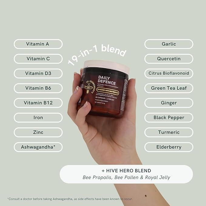 Dr Sosnowski's Daily Defence Immunity Supplements | Hive-led Multi-Vitamin with Bee Propolis, Pollen & Royal Jelly, Vegetable Capsules, 60ct