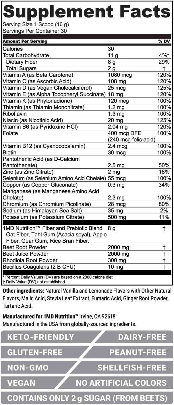 1MD Nutrition CardioFitMD - Vegan Beets Superfood Keto-Friendly - Nitric Oxide Supplement - Beet Root Powder - High Fiber Drink - 30 Days