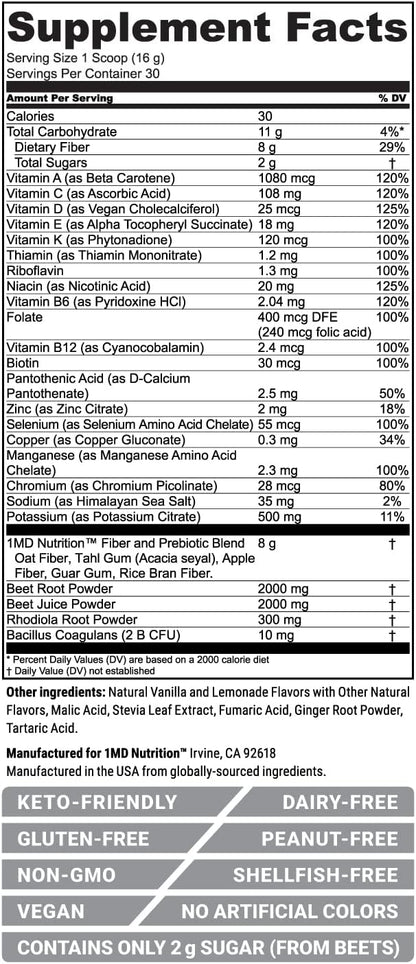 1MD Nutrition CardioFitMD - Vegan Beets Superfood Keto-Friendly - Nitric Oxide Supplement - Beet Root Powder - High Fiber Drink - 30 Days