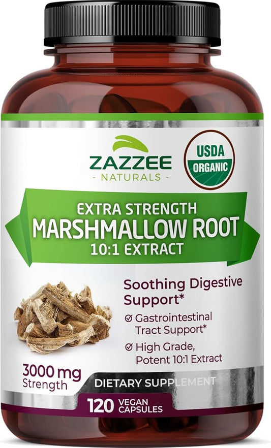 Zazzee USDA Organic Marshmallow Root 10:1 Extract, 3000 mg Strength, 120 Vegan Capsules, 4 Month Supply, Standardized, Concentrated 10X Extract, 100% Vegetarian, All-Natural, Non-GMO, Made in The USA