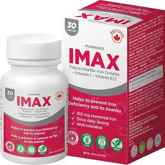 IMAX 150 mg Iron Supplement, 250 mg VIT C, 1000 mcg VIT B12, 30 Capsules, Treatment for Iron Deficiency Anemia, Once Daily Dosing