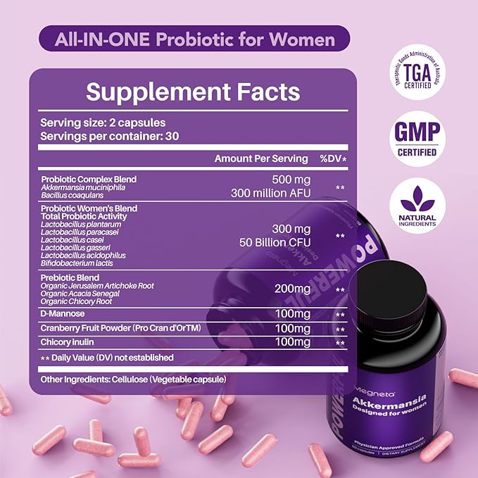 Vaginal Probiotics Prebiotics with Akkermansia 50 Billion CFU Probiotics for Viginal Health, 300 Million AFU Live Strain for Gut Health - 60Caps