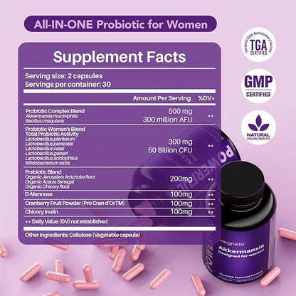 Vaginal Probiotics Prebiotics with Akkermansia 50 Billion CFU Probiotics for Viginal Health, 300 Million AFU Live Strain for Gut Health - 60Caps