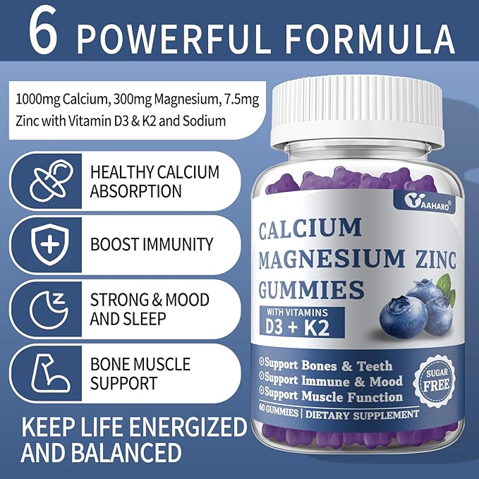 Calcium Magnesium Zinc Gummies with Vitamin D3 & K2 - Sugar Free Calcium Gummies for Women and Men - Bone & Immune Support - Non-GMO, Gluten-Free, Blueberry Flavored - 60 Gummies