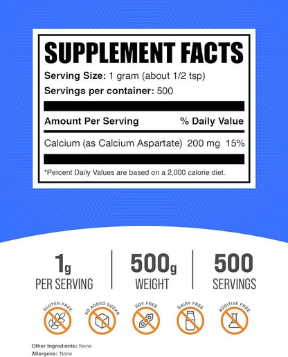 BulkSupplements.com Calcium Aspartate Powder - Calcium Supplement Powder, Essential Nutrient - Gluten Free, 1g per Serving, 500g (1.1 lbs) (Pack of 1)
