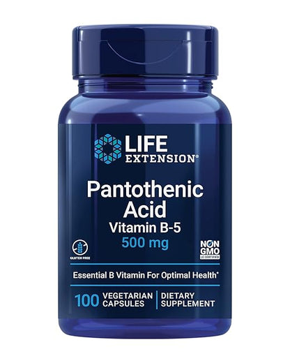 Life Extension Pantothenic Acid, 500 mg, Vitamin B5, Calcium, Support Healthy Metabolism, Mitochondrial Energy Production, Gluten-Free, Non-GMO, Vegetarian, 100 Capsules