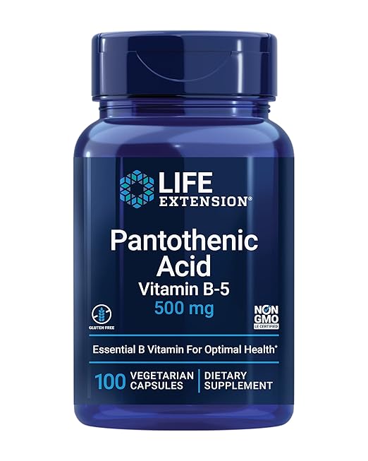 Life Extension Pantothenic Acid, 500 mg, Vitamin B5, Calcium, Support Healthy Metabolism, Mitochondrial Energy Production, Gluten-Free, Non-GMO, Vegetarian, 100 Capsules