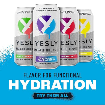 Yesly Functional Water, Variety Pack, Naturally Flavored Still Water with Electrolytes, Magnesium, Potassium, Vitamin C, B6 & B12, Zero Sugar, No Artificial Sweeteners, 16 Fl Oz Cans, 12 Pack