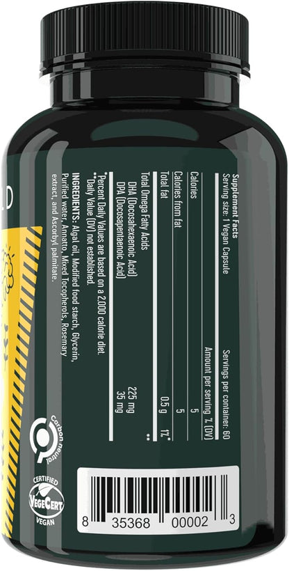 Freshfield Vegan Omega 3 DHA: Algae Oil, Carrageenan Free, Sustainably Sourced, Tested, No Heavy Metals, Replacement for Fish Oil, Carbon Neutral. Supports Heart, Brain, Joint Health w/DPA