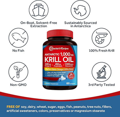 Doctor's Recipes Antarctic Krill Oil Omega 3 Supplement, 1000mg Softgels, DHA:EPA at 1:2 Perfect Ratio, 1.5mg Astaxanthin, Clean Extraction, No Fish Taste, Brain, Eye Health, Non-GMO