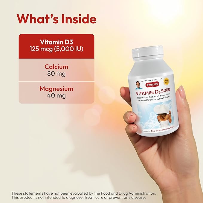 ANDREW LESSMAN Vitamin D3 5000 IU 720 Capsules - High Potency, Essential for Calcium Absorption, Supports Bone Health, Healthy Muscle Function, Immune System, More. Small Easy to Swallow Capsules