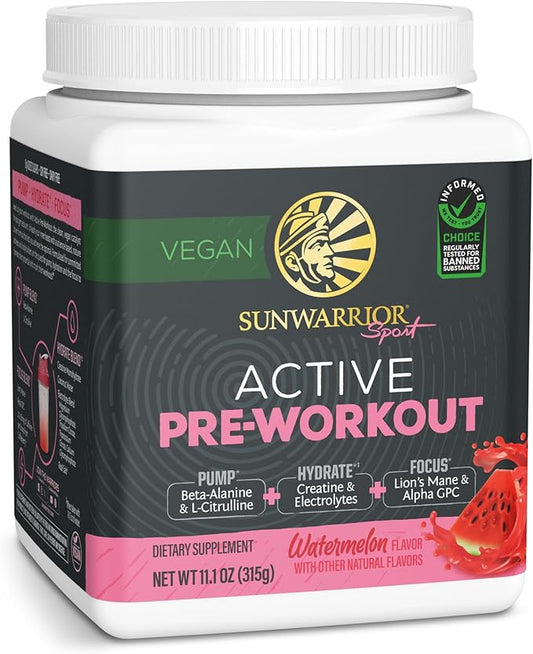 Sunwarrior Pre Workout Powder Energy Drink | Vegan Plant-Based Supplement | Pump, Hydrate, Focus, Endurance, & Strength Builder | Watermelon Flavored 30 Servings | Active Preworkout