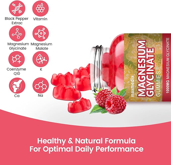 Magnesium Gummies 1000mg -Magnesium Glycinate Supplement and Magnesium L-Threonate Gummy,Sugar Free Magnesium Potassium Supplement for Calm Mood, Muscle, Bone & Sleep Support 90 Raspberry Gummies