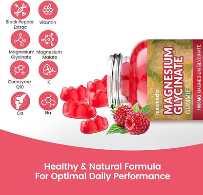 Magnesium Gummies 1000mg -Magnesium Glycinate Supplement and Magnesium L-Threonate Gummy,Sugar Free Magnesium Potassium Supplement for Calm Mood, Muscle, Bone & Sleep Support 90 Raspberry Gummies