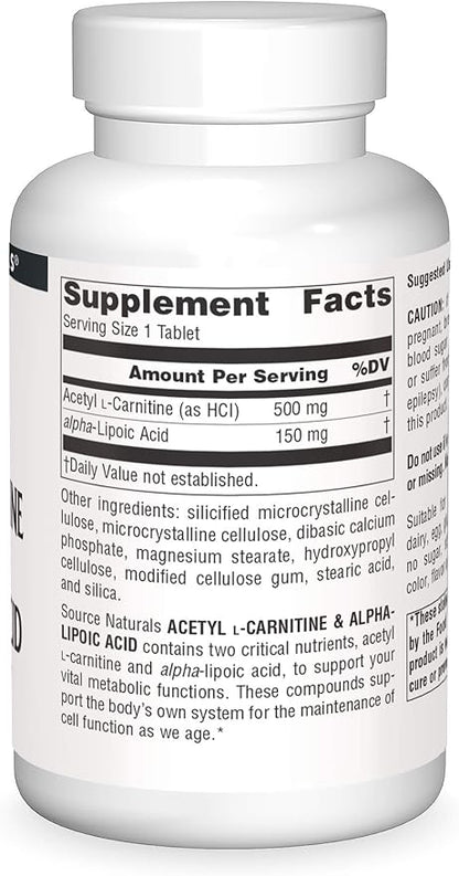 Source Naturals Acetyl L-Carnitine & Alpha-Lipoic Acid 650mg - 120 Tablets