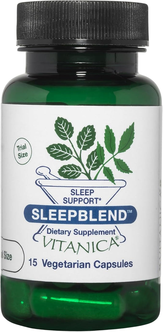 Vitanica SleepBlend - Sleep & Relaxation Support for Women - Herbal Supplements with Melatonin, Valerian Root, Vitamin B2 & B12 & Magnesium - Pro Logo - 15 Vegan Caps