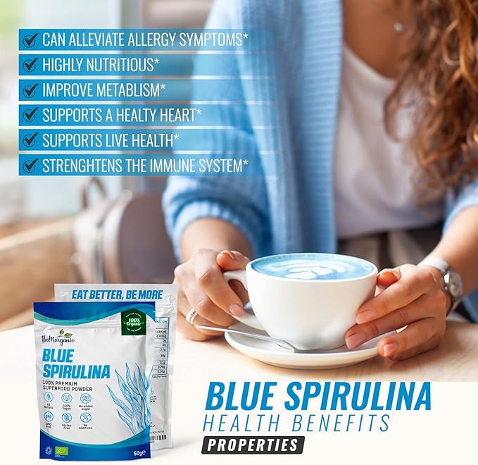 Organic Blue Spirulina Powder - 100% Organic Phycocyanin Spirulina Powder | 50g Vegan Non-Gluten Powder with No Added Sugar