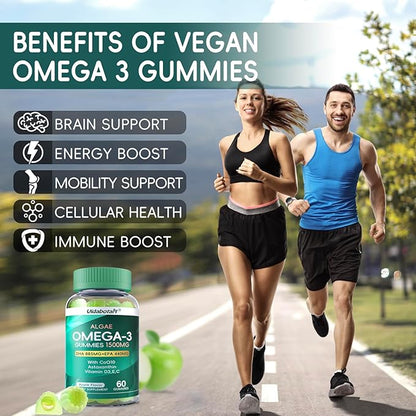 2 Pack Vegan Omega 3 Gummies 1500mg, Algae Omega 3 Supplements DHA 885mg & EPA 440mg, with Coq 10,Vitamin E,C,D3 for Brain,Eye Support, Fish Oil Supplements Alternative, Sugar Free, 120 Counts