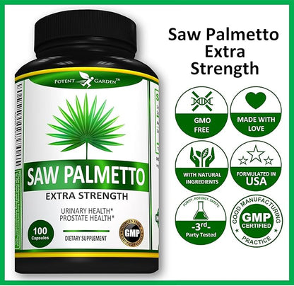 Potent Garden Saw Palmetto 500 mg - Prostate Supplements for Men - Supports Healthy Urination Frequency & Flow - Non GMO, 100 Saw Palmetto Capsules