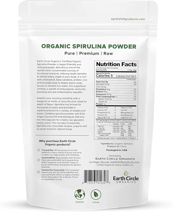 Earth Circle Organics Spirulina Powder, Kosher, Raw and Non-Irradiated | Pure Vegan Protein | Premium Energy Superfood, High Amino Acids and Antioxidants - (8oz - 3 Pack)