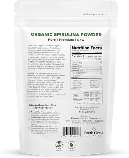 Earth Circle Organics Spirulina Powder, Kosher, Raw and Non-Irradiated | Pure Vegan Protein | Premium Energy Superfood, High Amino Acids and Antioxidants - (8oz - 3 Pack)