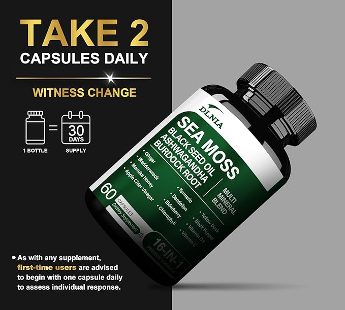 16-in-1 Organic Sea Moss, Ashwagandha, Black Seed Oil, Turmeric, Bladderwrack Burdock, Vitamin C & D3 with Elderberry Manuka Dandelion Yellow Dock