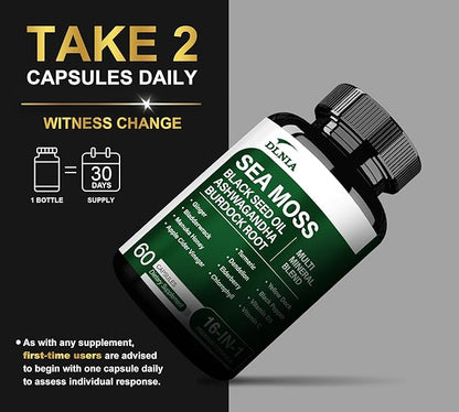 16-in-1 Organic Sea Moss, Ashwagandha, Black Seed Oil, Turmeric, Bladderwrack Burdock, Vitamin C & D3 with Elderberry Manuka Dandelion Yellow Dock