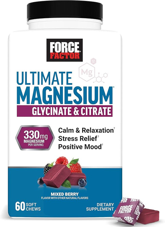 Force Factor Ultimate Magnesium Supplement, 330mg Magnesium Glycinate & Magnesium Citrate, Like Magnesium Gummies, Support Calm, Relaxation, Vegan & Gluten Free, Mixed Berry Flavor, 60 Soft Chews