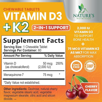 Vitamin D3 K2 2000 IU Plus with K2 (MK-7) 75 mcg - Vitamins D & K Complex Supplement for Bone, Teeth, Muscle, Calcium Absorption, Supports Immune & Heart Health, Non-GMO Chewable Formula - 60 Tablets