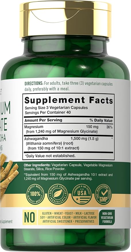 Carlyle Magnesium Glycinate with Ashwagandha | 2,740mg Complex | 120 Vegetarian Capsules | Potent Duo | Non-GMO and Gluten Free Supplement