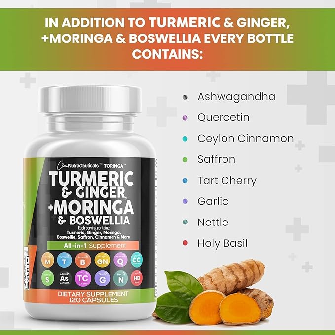 Turmeric Moringa Supplement | Ginger Boswellia Saffron - Supplement for Women and Men with Ceylon Cinnamon, Tart Cherry, Quercetin Garlic Nettle Holy Basil - 3Pack