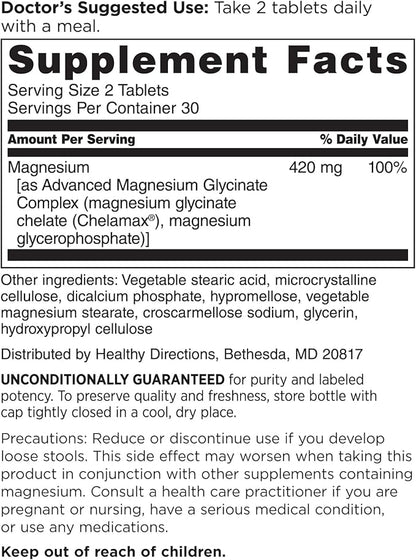 DOCTORS' PREFERRED Advanced Magnesium Glycinate Complex, Enhanced Absorption Technology, Highly Potent, Gentler, Doctor-Developed Formula. Heart Health, Mood Health and More 420 mg, 30-Day Supply