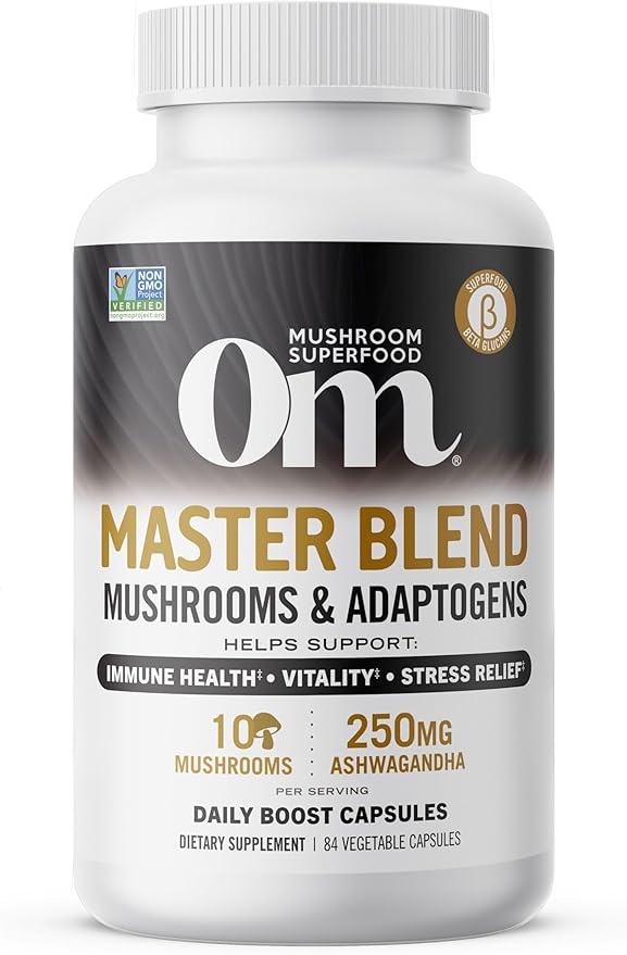 OM MUSHROOM SUPERFOOD Master Blend Mushrooms & Adaptogens Capsules, 84 Count, 28 Servings, 10 Mushroom Complex with Adaptogens for Immune and Stress Support