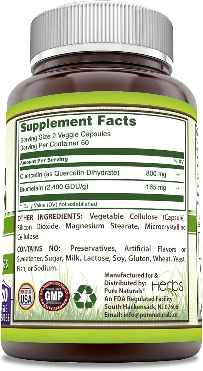 Pure Naturals Quercetin with Bromelain 120 Veggie Capsules Supplement | 60 Servings | Non-GMO | Gluten Free | Made in USA