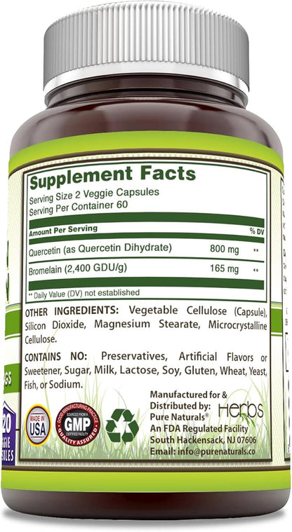 Pure Naturals Quercetin with Bromelain 120 Veggie Capsules Supplement | 60 Servings | Non-GMO | Gluten Free | Made in USA