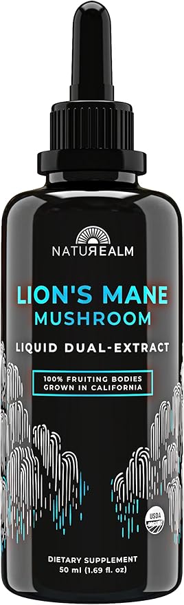 Naturealm Lion’s Mane Mushroom Liquid Tincture Supplement – Focus, Memory & Brain Health, Vegan, Non-GMO – Organic Fruiting Bodies, 1 Month Supply