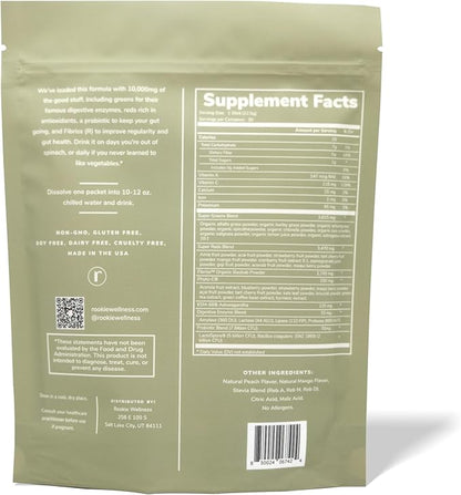 Natural Greens Supplements Superfood Powder Drink by Rookie Wellness, Gut Support Digestive Enzyme, Improve Mood, Immune Support, Peach Mango Greens Powder (30 Serving Bag)