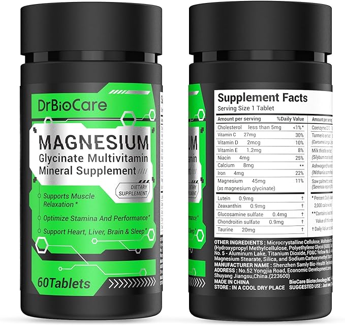 Energy Boost & Magnesium Glycinate, Contains Vitamin D3, Vitamin C, Turmeric, Ashwagandha, Milk Thistle, Calcium & Magnesium Supplement 60 Tablets