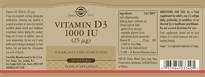Solgar Vitamin D3 (Cholecalciferol) 25 mcg (1000 IU), 100 Softgels - Helps Maintain Healthy Bones & Teeth - Immune System Support - Non-GMO, Gluten Free, Dairy Free - 100 Servings