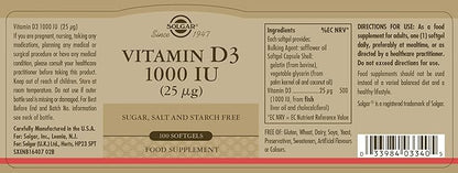 Solgar Vitamin D3 (Cholecalciferol) 25 mcg (1000 IU), 100 Softgels - Helps Maintain Healthy Bones & Teeth - Immune System Support - Non-GMO, Gluten Free, Dairy Free - 100 Servings