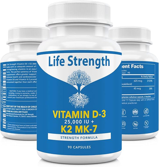 Vitamin K2 (MK7) + D3 25,000IU Supplement - Extra Strength, Non GMO, Easy to Swallow, No Fillers - Supports Immune & Bone Health