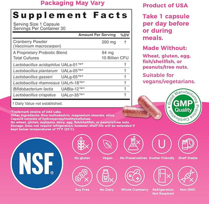 NutriCelebrity NutriFlora-Pro Probiotics for Women - Support Vaginal, Urinary Health (UTI), Digestive System, Period Pain, Yeast, and BV Relief, Cranberry Pills, 10 Billion CFU 6 Strains (30 Caps)