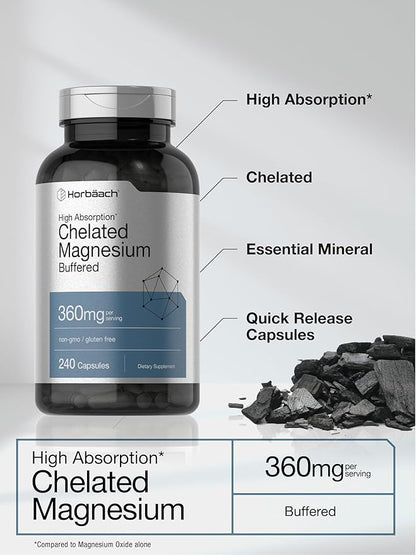 Horbäach Chelated Magnesium | 360mg | 240 Capsules | Non-GMO & Gluten Free Supplement