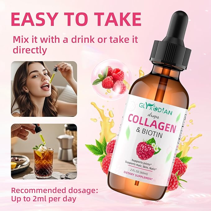 Collagen Biotin Drops - 50000mcg Liquid Collagen Supplement for Hair Growth, High Antioxidant Support Radiant Skin, Strong Nails for Women & Men, Non-GMO, Gluten Free, 2 fl Oz, Raspberry Flavor