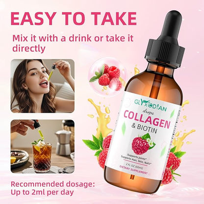 Collagen Biotin Drops - 50000mcg Liquid Collagen Supplement for Hair Growth, High Antioxidant Support Radiant Skin, Strong Nails for Women & Men, Non-GMO, Gluten Free, 2 fl Oz, Raspberry Flavor