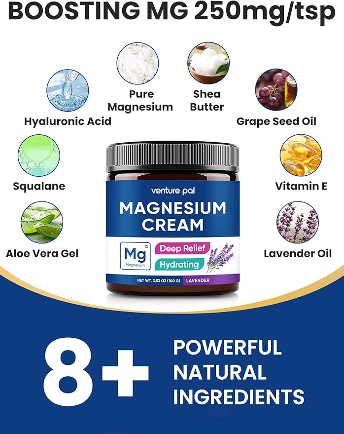 Venture Pal Magnesium Lotion, Topical Magnesium Cream for Sleep, Leg Cramps & Pain, Muscle Relaxation, Calm, Moisturizing Supplement with Coconut Oil, Shea Butter & Hyaluronic Acid, Safe for Kids