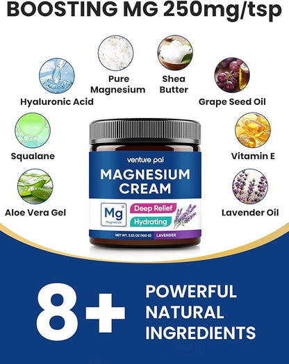 Venture Pal Magnesium Lotion, Topical Magnesium Cream for Sleep, Leg Cramps & Pain, Muscle Relaxation, Calm, Moisturizing Supplement with Coconut Oil, Shea Butter & Hyaluronic Acid, Safe for Kids