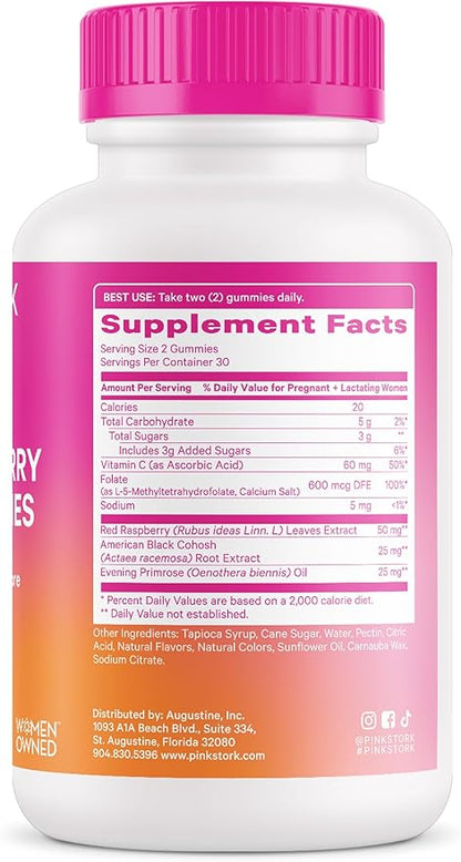Pink Stork Red Raspberry Leaf Gummies - Third Trimester Labor Prep + Postpartum Mood Essentials with Evening Primrose Oil + Black Cohosh - 60 Vegan Gummy Supplements, Non-GMO