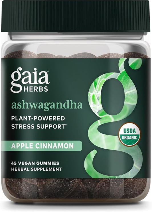 Gaia Herbs Organic Ashwagandha Gummies, Stress Support, Cinnamon, Ginger, Gluten Free, Vegan, 45 Count